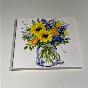 Floral Canvas Art with Sunflowers and Blue Accents
